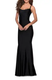 La Femme Lace Up Back Jersey Mermaid Gown in Black at Nordstrom, Size 8