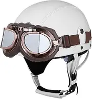 Vintage Motorcycle Half Helmet with Goggles,DOT Certified German Style Retro Leather Helmet Vintage Open Face Motorcycle Helmet for Men and Women Scooter Moped Cap (Color : F, Size : S=55-56cm)