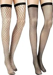 [Generic] 2 Pairs Women's Fishnet Thigh High Stockings Black over Knee Fishnet Stocking for Women