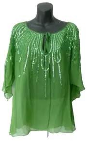 BCBG Maxazria Emerald Green Sequins BOHO Silk Peasant Blouse Tunic Top S NWT