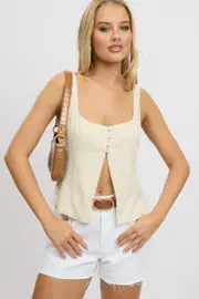 Beige Open Front Top Sleeveless Linen Blend - Size 16XL, Women's Top