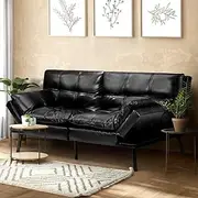 OIKITURE 3-Seater Sofa Bed, Futon Sofa Bed with Adjustable Backrest and Armrest, Convertible Sofa Bed Couch for Living Room, Bedroom, Leather Lounge Couch, Black