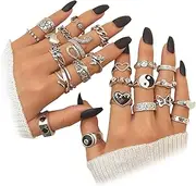 [IFKM] 15-63 PCS Vintage Silver Knuckle Rings Set for Women Teen Girl, Stackable Joint Finger Statement Rings Bohemian Retro Hollow Carved Midi Rings, Boho Y2k Snake Butterfly Heart Chunky Stacking Rings Pack