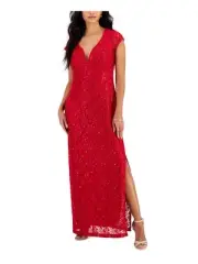 CONNECTED APPAREL Womens Red Lined Siltted Pull Over Style Maxi Dress 4