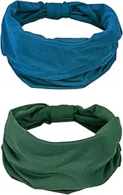GiLi 2 Pack Wide Headbands for Women Boho African Knotted Non Slip Fashion Hair Bands Yoga Running Sports Workout Gym Head Wraps Elastic Soft Cotton Cloth Turbans Bandana for Girls (Dark Green, Teal)