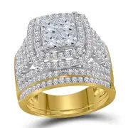14k Yellow Gold Princess Diamond Halo Bridal Wedding Ring Set 3 Cttw