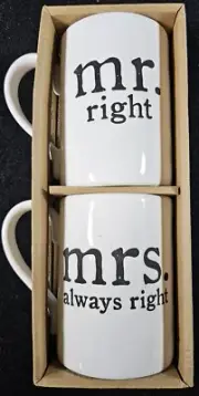 Mud Pie Mug Set "Mr. Right & Mrs. ALWAYS Right" - 2 Ceramic Mugs in Gift Box