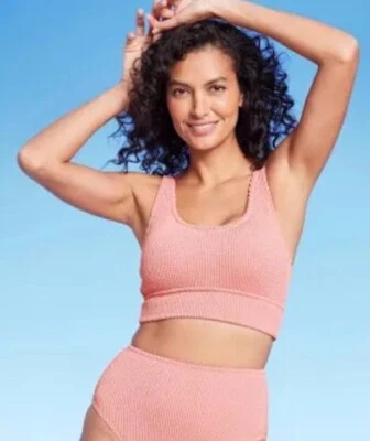 Kona Sol Women's S Coral Pink Bikini Top Pucker Textured Scoop Neck Longline New