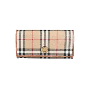 【BURBERRY 巴寶莉】經典徽標扣格紋PVC翻蓋長夾(經典米)