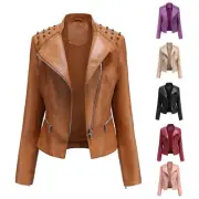 Women Ladies Lapel Motor Jacket Coat Zip Short Punk Cropped Tops New