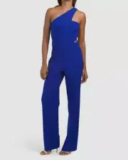 $196 Aidan by Aidan Mattox Women Blue One Shoulder Crepe Jumpsuit Size 10