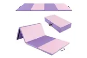 Costway Gymnastics Mat 4-Panel Folding Floor Exercise Yoga Tumbling Mat w/Carry Strap 4-Sided Hook & Loop Fasteners High-Density
