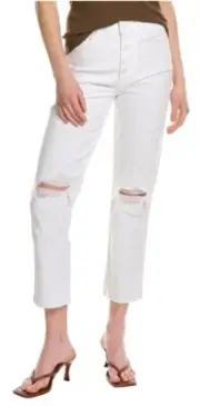 7 For All Mankind High Waist Cropped White Straight Ankle Jean Button Fly Sz 24