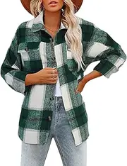 Jhsnjnr Womens Casual Flannel Plaid Shirt Lapel Button Down Long Sleeve Shacket Jacket Coat
