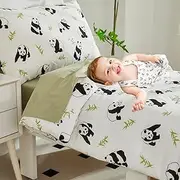 Brandream Gender Neutral Toddler Bedding Set for Boys Girls with Panda Printed Toddler Comforter, Flat Top Sheet, Fitted Sheet & Pillowcase, 4Pcs, White Green