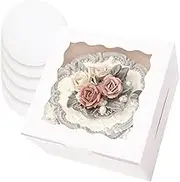 qiqee White 20.32x20.32x12.7cm Cake Box, 5 Pcs White Cake Box with Window ＆ 5 Pcs 20.32cm Round Boards, 20.32inch Cake Containers(8x8x5 Inch)