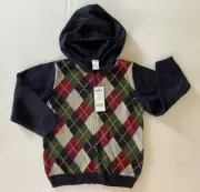 NWT Gymboree Football League Size 5 5T Navy Blue Argyle Hoodie Zip Sweater