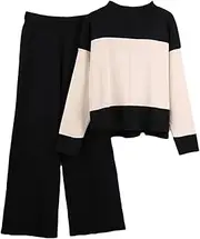 [Generic] Women's Knitted Loungewear 2Pcs Sets O Neck Patchwork Loose Pullover Sweater Wide Leg Pants Tracksuits
