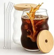 Drinking Glasses with Glass Straw - 7Pcs Cup Set with 16oz Glass Cup, Staws, Cleaning Brushes and Bamboo Lids, Bubble Cup Glassware with Wave Shape for Drinks, Iced Coffee, Matcha, Tea