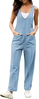 [HBQ] Women's Casual Denim Bib Jumpsuit Rompers Sleeveless V Neck Loose Baggy Jeans Pants Overalls With Pocket