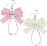 [YALLNASL] Pink Bow Keychain for Women Girls Bracelet Wristlet Pearl Keychain for Car Key Chains Women Cute Bag Purse Charms