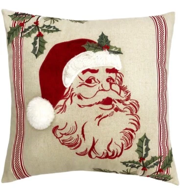 St. Nicholas Square Linen Santa Pillow 18” X 18” Christmas Holly NEW WITH TAGS