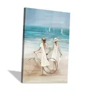 Abstract Beach Lady Painting Picture: Coastal Artwork Women & Bicycle Hand