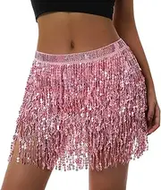 [Fjfsoo] Women Sequin Belly Dance Skirt Sequined Fringe Sparkly Adjustable Waist Straps Tassel Miniskirt Costume for Girls