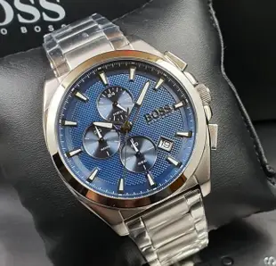 HUGO BOSS Grandmaster 藍色錶盤 銀色不鏽鋼錶帶 石英 三眼計時 男士手錶 1513884