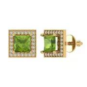 2.3 ct Princess Cut Round Cut Halo Peridot Stud Earrings Solid 14k Yellow Gold