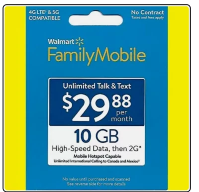 Walmart FamilyMobile 10GB prepaid INSTANT refill data card $29.88 Value