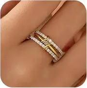 [AIBELOPY] Dainty 925 Sterling Silver Stackable Rings for Women Non Tarnish 14K Gold Plated Interlocked Spinelli Ring Two Tone Cubic Zirconia Rings Trendy 3 Finger Ring Knuckle Pinky Ring Set Jewelry
