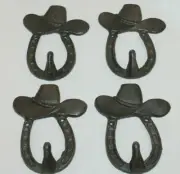 SET OF 4 RUSTIC CAST IRON WESTERN COWBOY HAT HORSE SHOE WALL MOUNTED COAT HOOKS