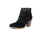 MIRACLE MILES URBAN RETRO BLACK SUEDE LASER CUTOUT ANKLE BOOTIE STACKED HEEL M-3