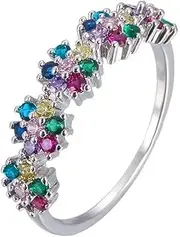 [YAYAYOUYOU] 925 Sterling Silver Plated Stackable Rainbow Gemstone Rings for Women's Colorful Cubic Zirconia Stacking Eternity Promise Engagement Wedding Band Ring Jewelry for Women Gifts Size 6-10