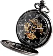 [Kirposh] Black Pocket Watch Smooth Case Automatic Mechancial Watches Pendant Skeleton Chain Pocket Watches for Men