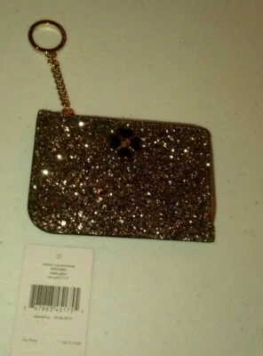 nwt KATE SPADE Medium ODETTE L ZIP card holder rose gold glitter key ring $99
