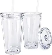 Maars Classic Acrylic Tumbler with Lid and Straw | 16oz Premium Insulated Iced Coffee Cups, Double Wall Reusable Plastic Cups - Clear, 2 Pack