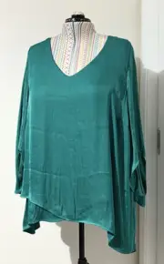 Autograph Plus Size 22 Top Teal Woven Double Layer Shiny Wide Sleeve NEW RRP$79