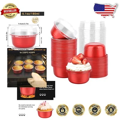 Vibrant Red Disposable Baking Cups with Lids - 100 Pack, 6.1oz Aluminum Ramekins