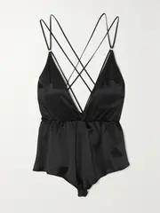 [COCO DE MER] COCO DE MER - Open-back Gathered Silk-blend Charmeuse Playsuit - Black - x large x large Black