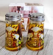 Bistro Chef Decaled Glass Salt and Pepper Shakers Stainless Steel Lids