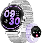 Smart Watch for Men Women with Call Answer/Dial/2 Bands,1.43" Micro-Spherical AMOLED Screen,Activity Tracker with Voice Assistant,IP68 Waterproof Smartwatch for Android iOS (Silver-Purple)