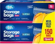 Quart Storage Bags, Double Zipper Seal - 150 Count, Resealable Thick Plastic Foo