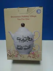Cracker Barrel Stone Ware Holiday Village Tea For One Teapot And Cup