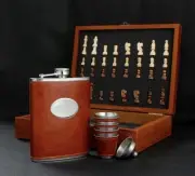 Brown Wooden Chess and Leather Stainless Steel Hip Flask Set W/ Funnel & 4 Cups.