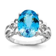 Sterling Silver Rhodium Oval Checker-Cut Blue Topaz Gemstone Birthstone Ring Fine Jewelry Gift for Her