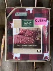 Woolrich QUEEN Size Flannel Sheet Set - 100% Cotton Flannel BUFFALO PLAID w/DOGS