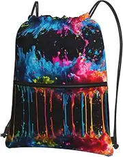 EdWal Paint Splatter Backdrop Print Drawstring Backpack Gym Bags Sports Bags With Zipper Pocket For Travel Beach, Black, One Size