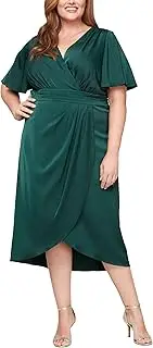 [S.L. Fashions] Women's Plus Size Surplice Neck Midi Wedding Guest Dress with Flutter Sleeves